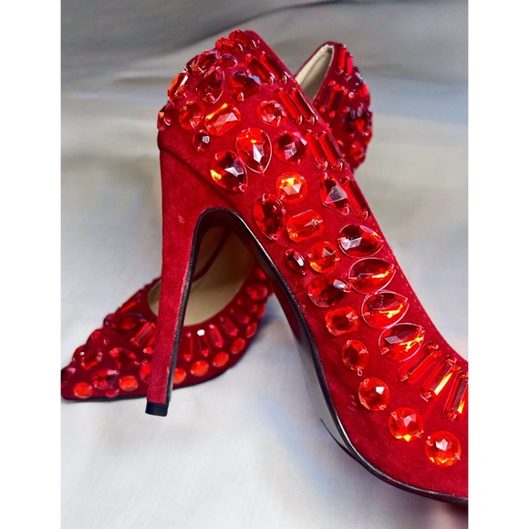Liliana Ruby Red Jeweled Heels | Faux Suede Pointed Stiletto Dorothy Christmas - Picture 5 of 7